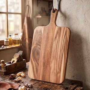 May include: A rectangular wooden cutting board with a rounded handle and a hole for hanging. The board features a natural light and dark brown wood grain pattern with smooth, rounded edges, displayed in an upright position.