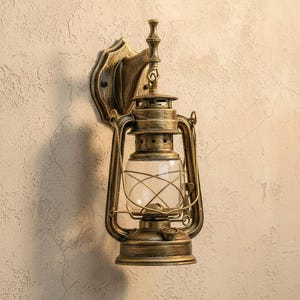 Puede incluir: Un aplique de pared con forma de linterna y acabado en oro antiguo desgastado. La lámpara cuenta con un globo de cristal transparente central protegido por una rejilla metálica, una base circular y un remate decorativo, fijado a un soporte mural.