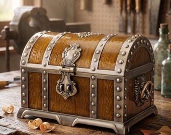 May include: A rectangular wooden chest with a domed lid, featuring a dark brown wood grain finish, silver-toned metal trim, decorative studs, an ornate central latch, and a lion head handle on the side, resting on a sturdy metal base.