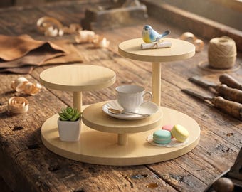 May include: A three-tiered light wood display stand with circular platforms. The top tier holds a small blue and yellow bird figurine with a scroll. The middle tier features a white teacup and saucer with a spoon. A small succulent and macarons sit below.