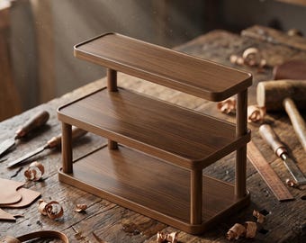 May include: A two-tiered rectangular display stand crafted from dark brown wood with a smooth finish. The stand features three horizontal shelves supported by four cylindrical pillars, providing a structured surface for organising or showcasing items.