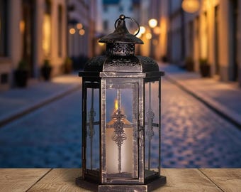 May include: A hexagonal lantern with a dark, distressed bronze finish and clear glass panels. The lantern features an ornate metal filigree design on the central vertical bars and a top handle. Inside, a white pillar candle emits a warm glow.
