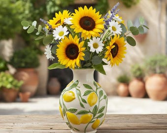 May include: A white ceramic vase with a raised, three-dimensional yellow lemon and green leaf pattern, filled with a vibrant bouquet of bright yellow sunflowers, white daisies, purple lavender sprigs, and round green eucalyptus leaves.