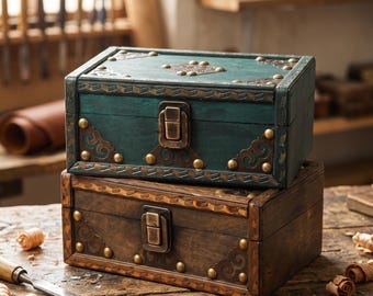 May include: Two rectangular wooden storage boxes stacked on top of each other. The top box is teal with dark brown accents, while the bottom box is dark brown. Both feature brass-coloured metal latches, decorative corner plates, and studs.