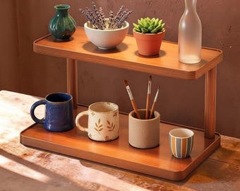 Minimalist 2-Tier Wood Desktop Organizer | Coffee Station Shelf & Mug Display Stand | Elegant Desk Storage Rack | Countertop Organizer