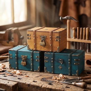May include: Three rectangular wooden storage chests with metal hardware. One chest is light brown, and two are teal. Each chest features decorative metal corner plates, vertical metal bands, and a central metal latch with a padlock mechanism.