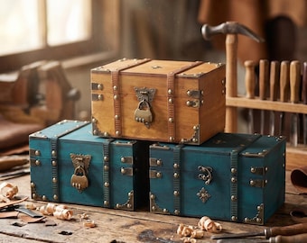 May include: Three rectangular wooden storage chests with metal hardware. One chest is light brown, and two are teal. Each chest features decorative metal corner plates, vertical metal bands, and a central metal latch with a padlock mechanism.