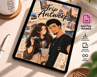 May include: A digital manga titled Trip to Antwerp by Pelusa displayed on a tablet screen. The cover art features an illustrated young couple with a camera and travel notes, surrounded by small photos of city landmarks, ice cream, and a bus.