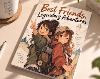 May include: A book titled Best Friends, Legendary Adventures featuring an anime-style illustration of two smiling characters with backpacks and a map. The cover includes text that reads Different Paths Same Dreams and Good Friends Brighter World.