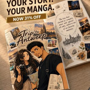 Pode incluir: Um livro de mangá personalizado intitulado Trip to Antwerp por Pelusa, apresentando um casal ilustrado com uma câmera e um mapa. A capa inclui fotos em estilo colagem de viagens, waffles e notas manuscritas sobre memórias e detalhes.