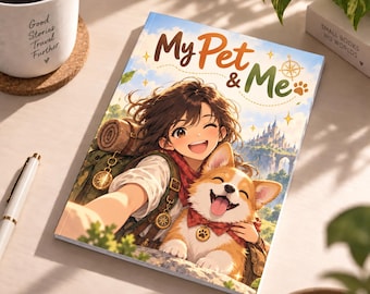 May include: A rectangular book with a cover illustration featuring a smiling person with brown hair and a happy corgi dog. The title My Pet & Me is printed in brown and green text. The background shows a fantasy landscape with a castle and blue sky.