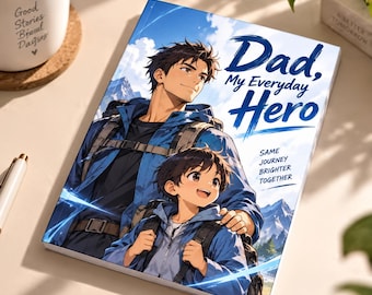 May include: A book titled Dad, My Everyday Hero featuring an anime-style illustration of a smiling adult and child wearing blue jackets and backpacks against a mountain backdrop. The text reads Dad, My Everyday Hero and Same Journey Brighter Together.