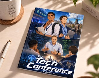 May include: A book titled The Tech Conference by Andres featuring an illustrated cover with four people in a professional setting, digital interface graphics, a windmill, and the JSNation logo against a blue sky and city background.