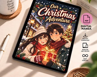 May include: A digital tablet displaying an anime-style illustration titled Our Christmas Adventure, featuring two characters in winter clothing holding a gift box in front of a decorated Christmas tree and a snowy street scene with a lamp post.