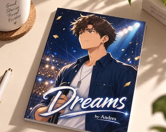 May include: A rectangular notebook featuring an anime-style illustration of a person holding a microphone on a stage with stadium lights. The cover displays the text "Dreams by Andres" in a white script font against a dark blue background.