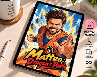 May include: A digital tablet displaying a manga-style illustration of a bearded person in an orange and blue martial arts uniform with the text Matteo: Dragon's Path. The screen shows a dynamic energy aura, floating rocks, and a blue sky background.
