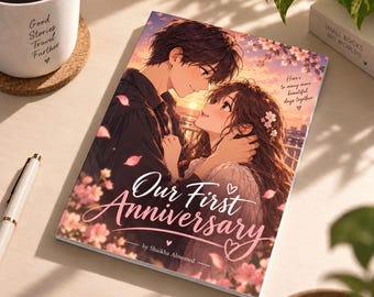 May include: A book titled Our First Anniversary by Shaikha Almesned featuring an anime-style illustration of a couple embracing at sunset amidst cherry blossoms. The cover includes the text Here's to many more beautiful days together.