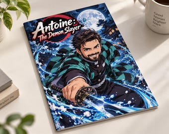 May include: A rectangular notebook featuring an anime-style illustration of a bearded man in a green and black checkered haori holding a katana. The cover displays the text Antoine: The Demon Slayer with a full moon and water splash effects.