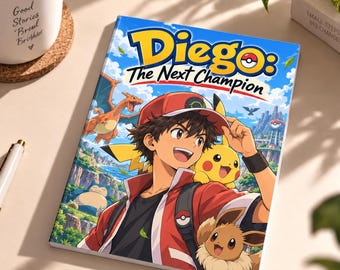May include: A rectangular book titled Diego: The Next Champion featuring a colorful anime-style illustration of a character wearing a red cap and jacket, accompanied by Pikachu, Eevee, Charizard, and Snorlax against a bright blue sky background.