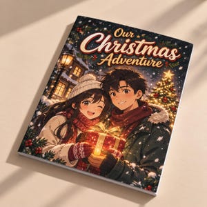 Könnte beinhalten: Ein rechteckiges Buch mit dem Titel Our Christmas Adventure, das eine Anime-Illustration von zwei Personen in Winterkleidung zeigt, die ein leuchtendes Geschenk halten. Der Hintergrund zeigt eine verschneite Nacht mit Haus und Weihnachtsbaum.