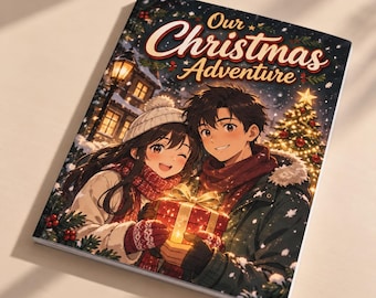 May include: A rectangular book titled Our Christmas Adventure featuring an anime-style illustration of two people in winter clothing holding a glowing gift box. The background shows a snowy night scene with a lit house and a decorated Christmas tree.