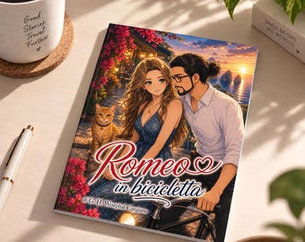 May include: A book titled Romeo in bicicletta by G. H. Westphal-Cangiano featuring an illustration of a woman and a man with a bicycle and an orange cat. The cover art depicts a sunset coastal scene with pink flowers and a stone path.