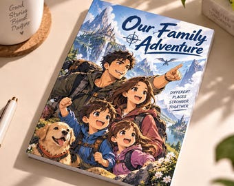 May include: A rectangular book titled Our Family Adventure featuring an anime-style illustration of a family of four and a golden retriever in a mountainous landscape. The cover includes the text Different Places Stronger Together and a compass icon.