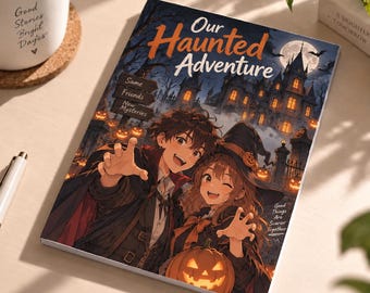 May include: A book titled Our Haunted Adventure featuring an anime-style illustration of two characters in costumes. One wears a vampire cape, the other a witch hat. They stand before a dark castle with glowing orange jack-o'-lanterns and bats.