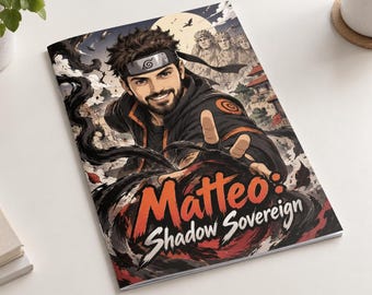 May include: A rectangular notebook featuring an anime-style illustration of a bearded man with a headband, reaching forward with a hand surrounded by black swirling energy. The cover displays the text Matteo: Shadow Sovereign in bold lettering.