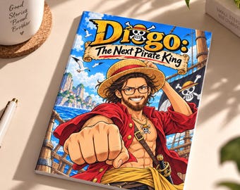 May include: A rectangular book with a colorful anime-style cover featuring a bearded character wearing a straw hat, glasses, and a red shirt. The title reads Diego: The Next Pirate King, set against a blue sky, ocean, and a pirate ship background.