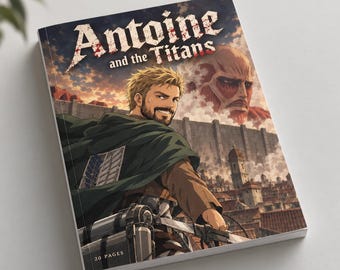 May include: A softcover book titled Antoine and the Titans featuring a bearded character in a green cloak and military gear. The cover art displays a large titan looming over a walled city at sunset. The bottom corner indicates 20 pages.