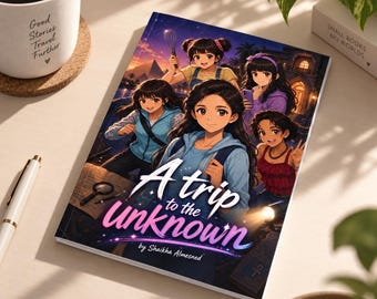 May include: A book titled A trip to the unknown by Shaikha Almesned featuring an anime-style cover illustration of five young characters in a night setting with pyramids and a building in the background, rendered in vibrant colors and detailed lighting.