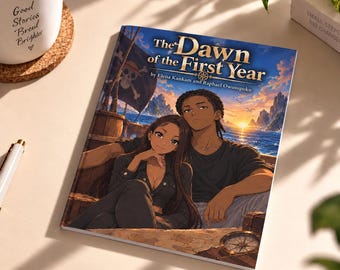 May include: A book titled The Dawn of the First Year by Elena Kankam and Raphael Owusupoku. The cover features an illustration of two people sitting on a wooden deck with a pirate flag, a barrel, and a compass against a sunset ocean backdrop.
