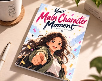 May include: A book titled Your Main Character Moment: A Birthday Adventure featuring an anime-style illustration of a smiling person with long brown hair pointing forward against a blue sky background with colorful confetti and star accents.