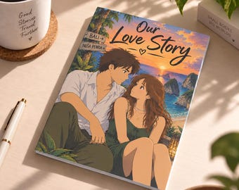 May include: A rectangular notebook featuring an anime-style illustration of a couple sitting together at sunset. The cover displays the text "Our Love Story" with a small heart icon and wooden signs pointing toward Bali and Nusa Penida.