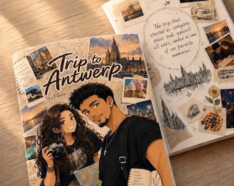 May include: A spiral-bound book titled Trip to Antwerp by Pelusa featuring an anime-style illustration of two people with a camera and map, alongside a second book with a collage of travel photos, sketches, and the text The trip that started as complete chaos and, against all odds, ended as one of our favorite memories.