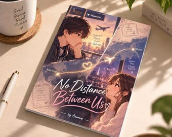 May include: A paperback book titled No Distance Between Us by Animoo featuring an anime-style illustration of a person in New York and another in Tokyo connected by a flight path. The cover includes text like Different Places Same Feelings and Same Sky Closer Hearts with a map background and soft pink and blue color tones.
