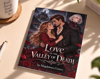 May include: A book titled Love in the Valley of Death by Magdalena Corace. The cover features an illustration of a couple embracing, a woman with long hair in a red dress and a man in a dark coat, with a castle, moon, and red roses in the background.