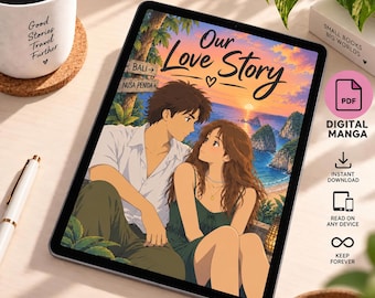 May include: A digital tablet displaying an anime-style illustration titled Our Love Story, featuring a couple sitting together at sunset near a beach with signs for Bali and Nusa Penida. The screen shows vibrant colors, tropical foliage, and ocean waves.