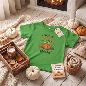 May include: A bright green short-sleeved t-shirt featuring a graphic of a smiling pumpkin with the text "CUTEST PUMPKIN IN THE PATCH" and the name "EMMA" printed in dark green and orange, with an Etsy tag attached to the collar of the shirt.