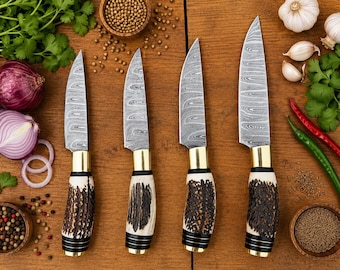 Damascus Chef Knife Set, Handmade Stag Handle Kitchen Knives, Custom Forged Knife Set, Groomsmen Gift for Him