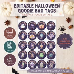 May include: A sheet of twenty circular stickers featuring Halloween-themed illustrations including a ghost, vampire, pumpkin, skeleton, owl, candy corn, monster, bat, cat, mummy, haunted house, and tombstone with the text Happy Halloween.