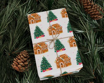 Papier cadeau pour maisons en pain d'épice et sapins de Noël | Emballage des Fêtes