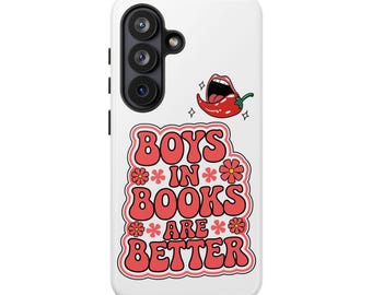 Étui pour portable « Boys in Books Are Better » | Typographie florale rétro