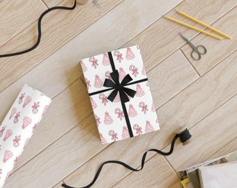 Papier cadeau rose pour sapin de Noël et canne en bonbon | Emballage cadeau fantaisiste