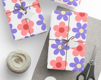 Papier cadeau rose, violet à motif floral | Rouleau de papier cadeau fleurs