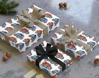 Rouleau de papier cadeau à motif Monster Truck | Voitures rouges bleues