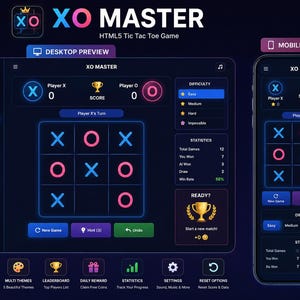 Tic Tac Toe HTML5 Source Code | JavaScript Web App | Responsive Coding Project | XO Master | Instant Download
