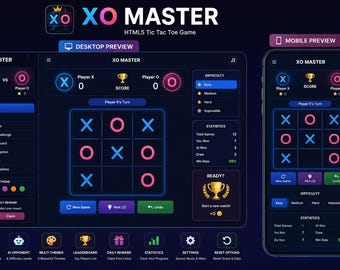 Código fuente HTML5 para Tic Tac Toe / Aplicación web JavaScript / Proyecto de codificación responsiva (Descarga instantánea)