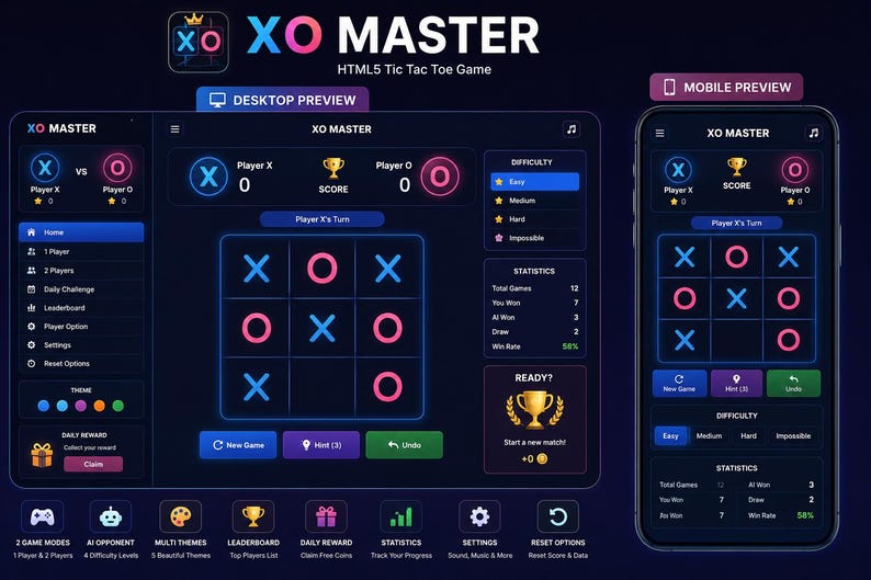 Tic Tac Toe HTML5-källkod | JavaScript-webbapp | Responsivt kodningsprojekt | XO Master | Direktnedladdning bild 1